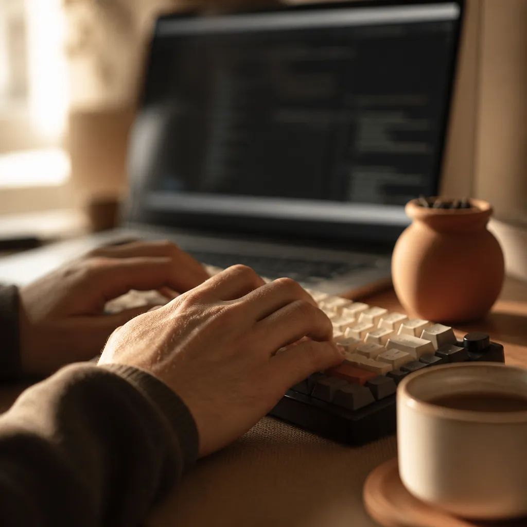 Gros plan de mains sur un clavier mécanique, éditeur de code flouté à l'écran